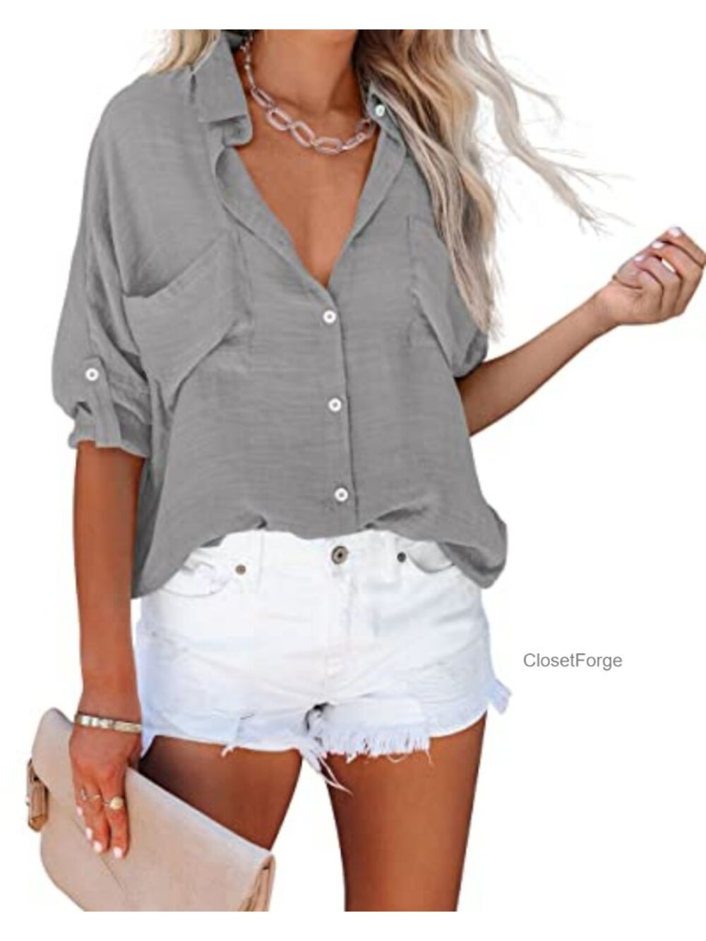 Women's Button Down Shirt V Neck Long Sleeve Casual Blouse with Pockets Rayon